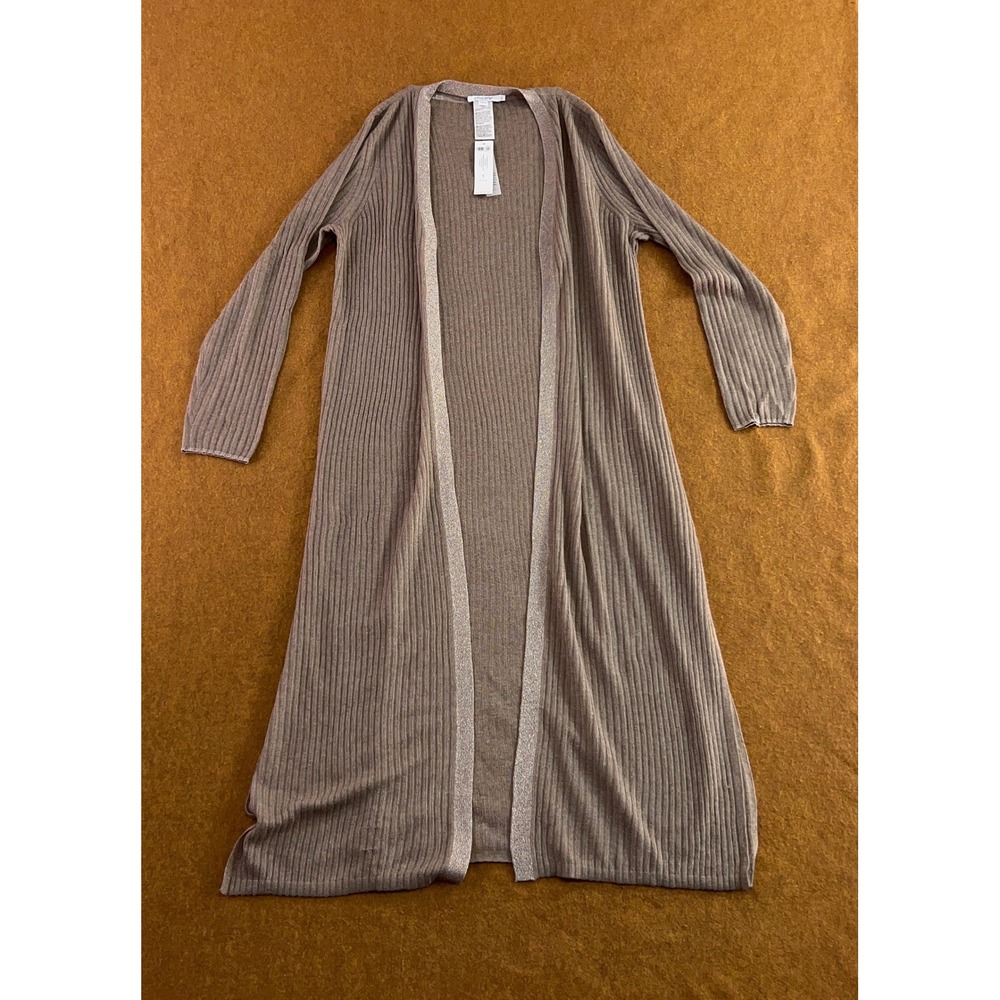 Chico's Womens 1 Medium Brown Metallic Trim Ribbed Longline Duster Cardigan NWT